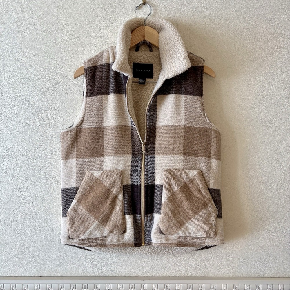 Sanctuary Plaid Sherpa Lined Vest Women's S Zip Front Brown Tan Cream Gorpcore